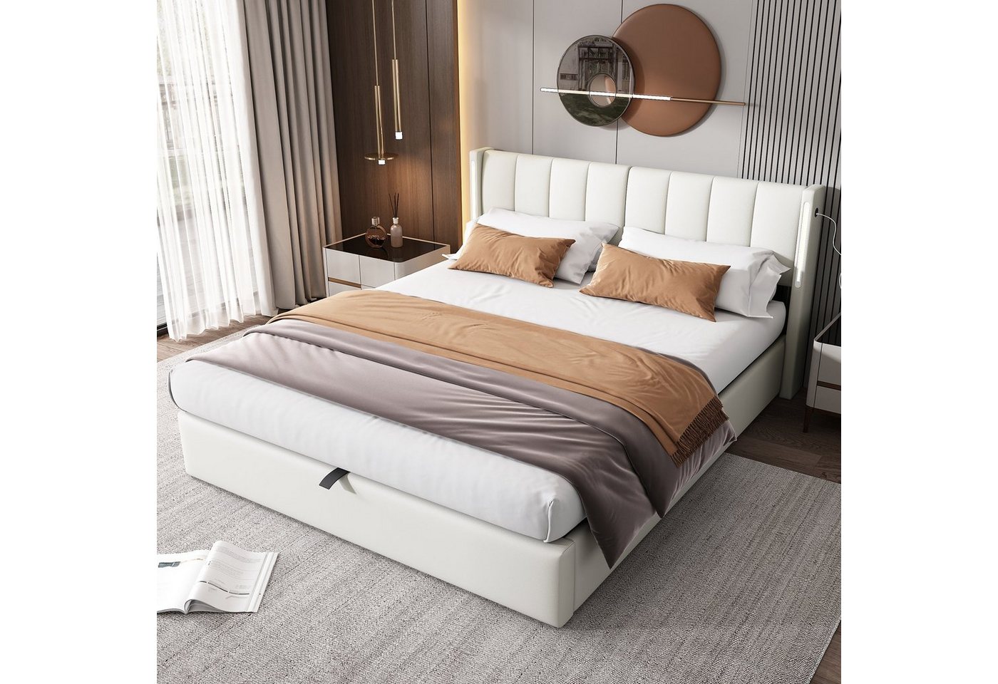 Flieks Polsterbett, LED Stauraumbett Doppelbett mit USB/ Verstellbarem Kopfteil 140x200cm – Bild 3 von 5