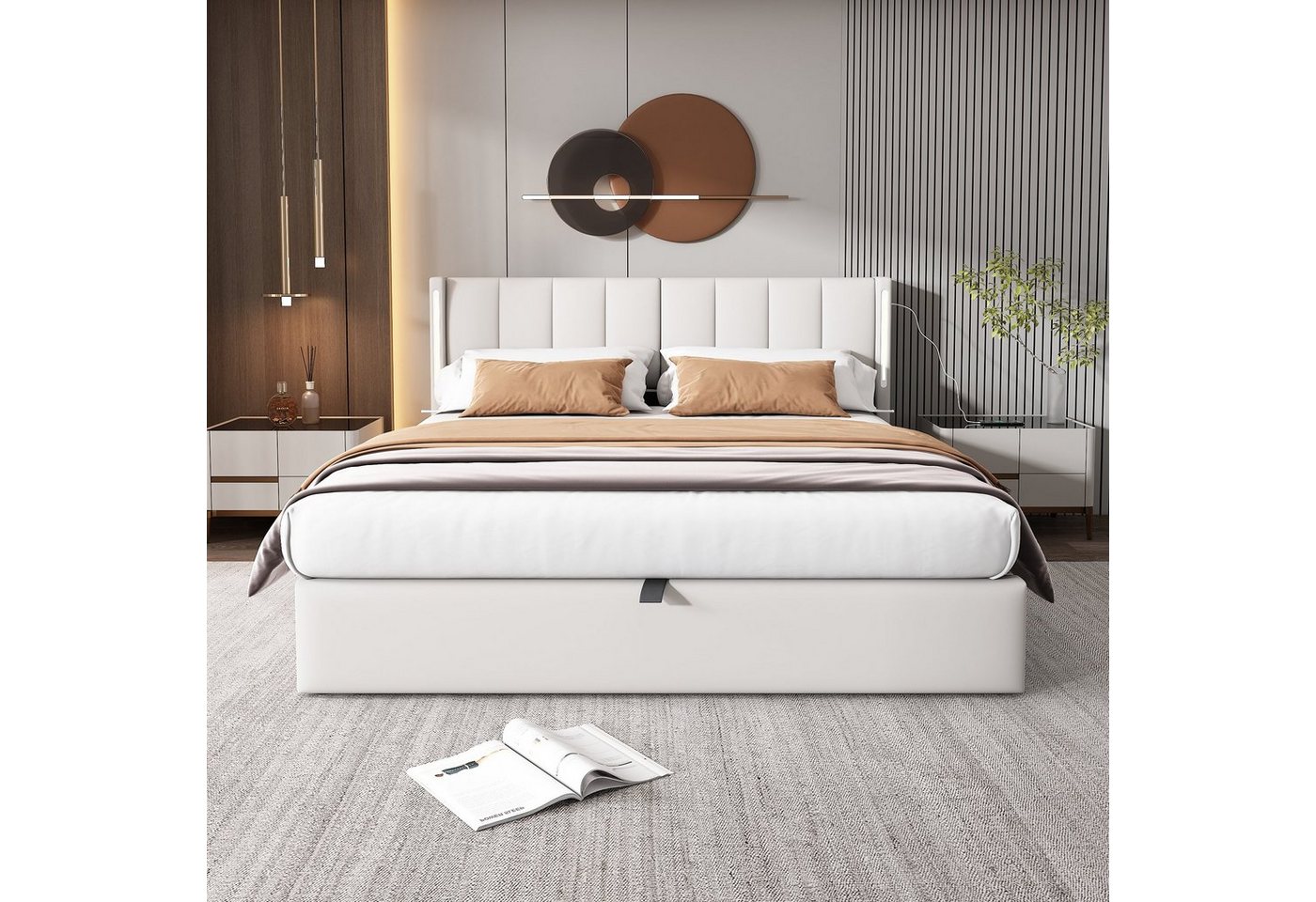 Flieks Polsterbett, LED Stauraumbett Doppelbett mit USB/ Verstellbarem Kopfteil 140x200cm – Bild 4 von 5