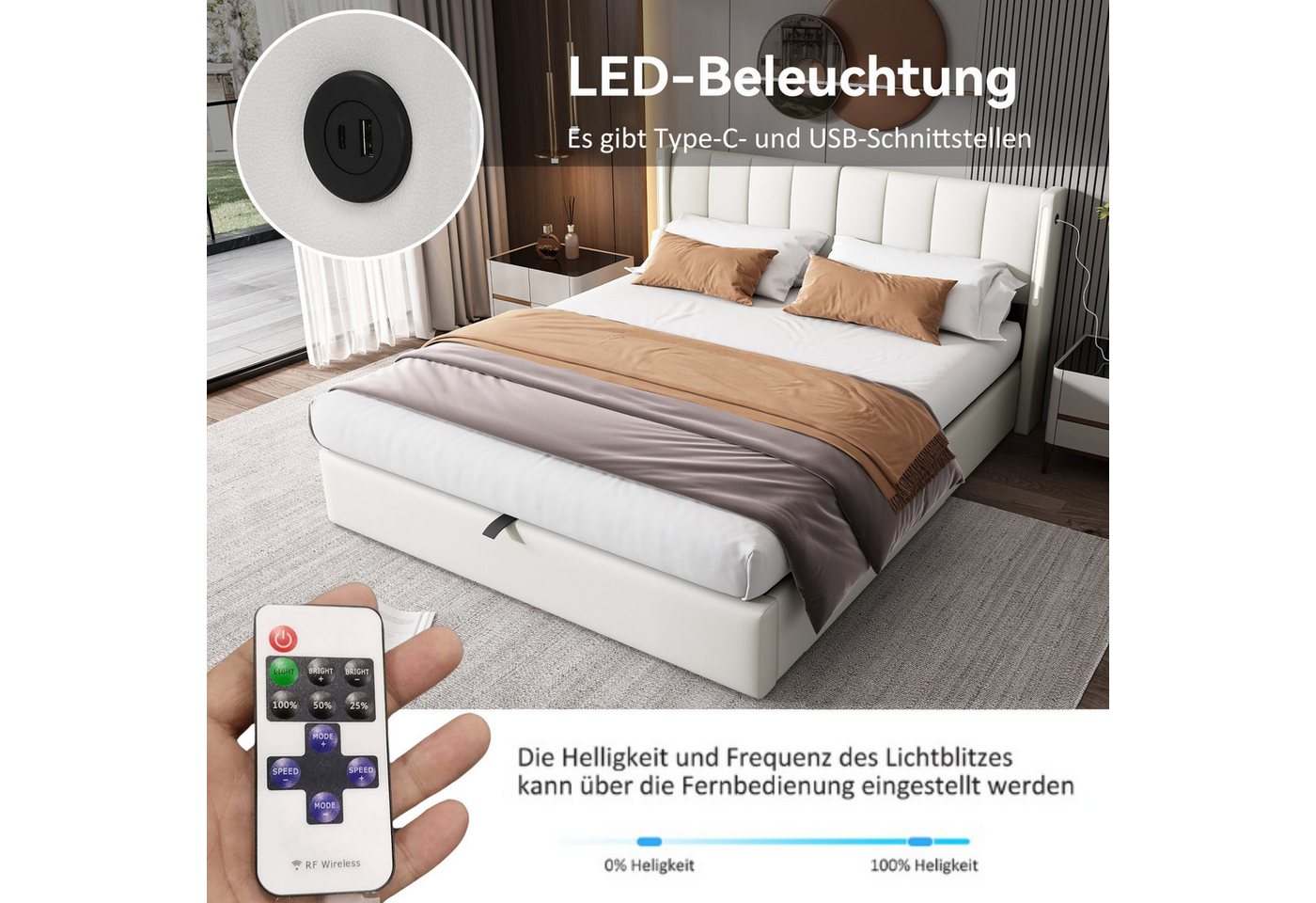 Flieks Polsterbett, LED Stauraumbett Doppelbett mit USB/ Verstellbarem Kopfteil 140x200cm – Bild 5 von 5