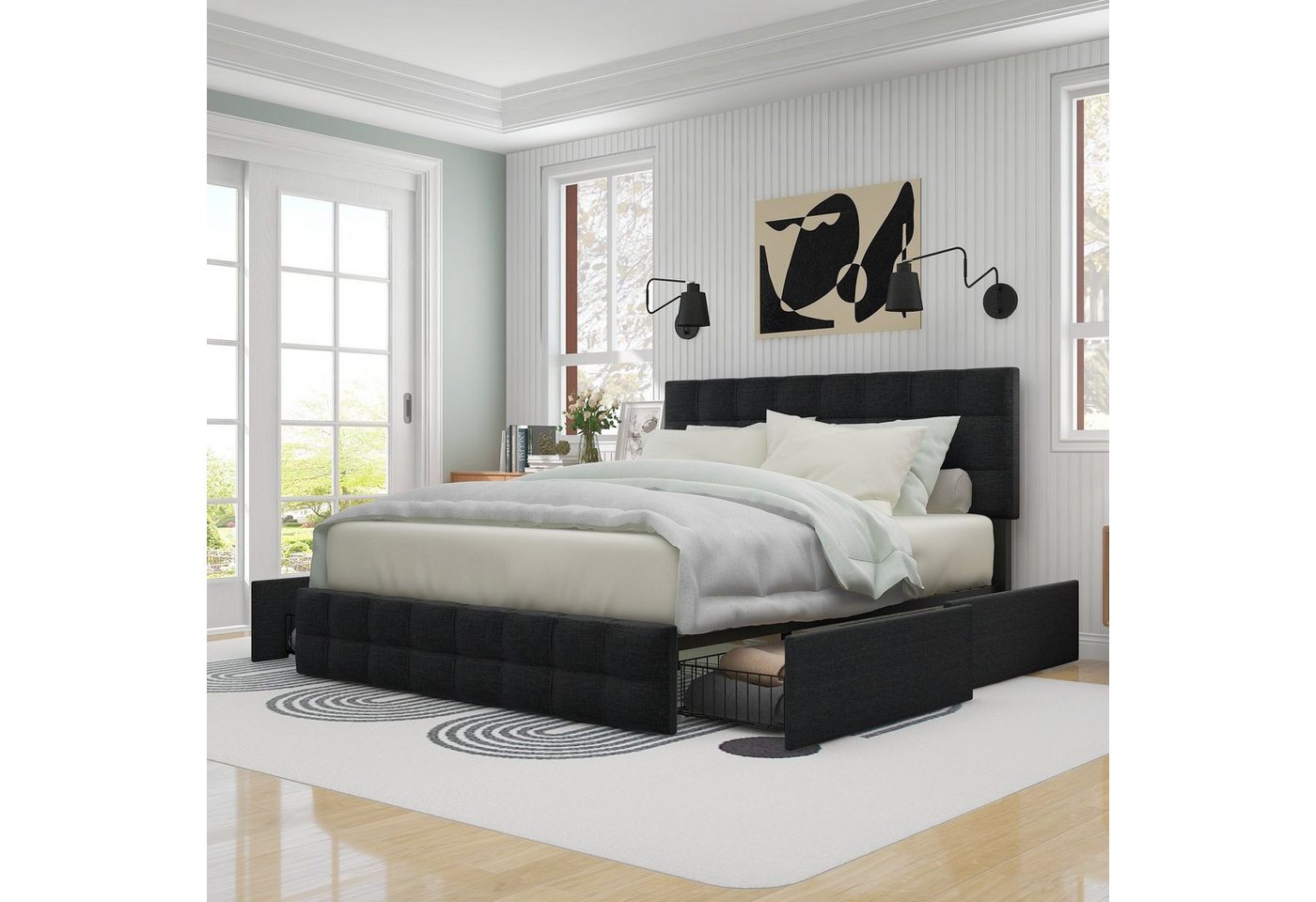 Flieks Polsterbett, Stauraumbett Doppelbett Leinen ohne Matratze 140x200cm – Bild 2 von 5