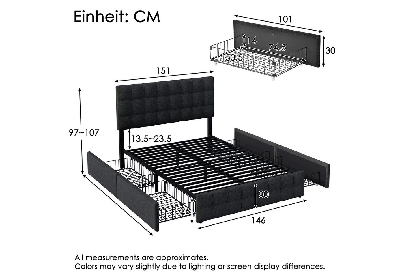Flieks Polsterbett, Stauraumbett Doppelbett Leinen ohne Matratze 140x200cm – Bild 4 von 5