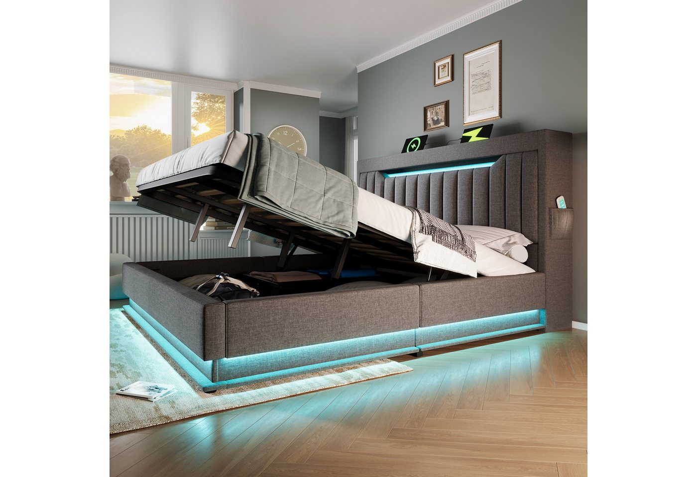 Flieks Polsterbett, hydraulisches Stauraumbett 160x200cm mit LED und Ladefunktion – Bild 3 von 5