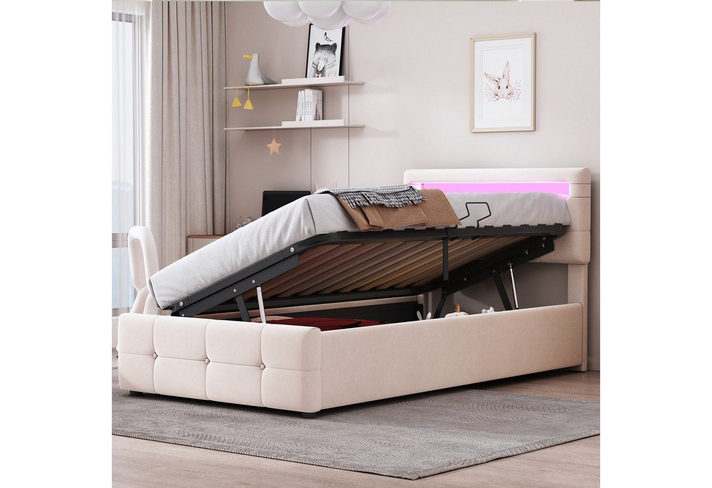 Flieks Polsterbett, LED Beleuchtung Einzelbett 90x200cm mit hydraulischem Stauraum – Bild 2 von 5