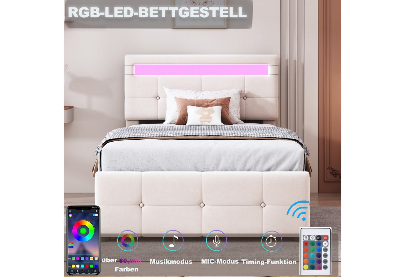Flieks Polsterbett, LED Beleuchtung Einzelbett 90x200cm mit hydraulischem Stauraum – Bild 3 von 5