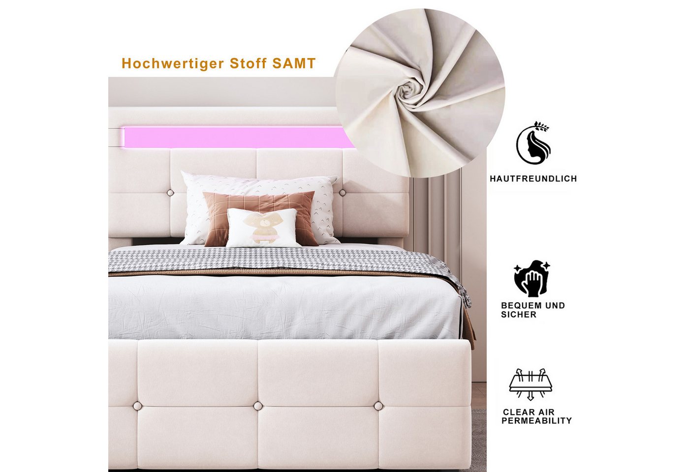 Flieks Polsterbett, LED Beleuchtung Einzelbett 90x200cm mit hydraulischem Stauraum – Bild 4 von 5