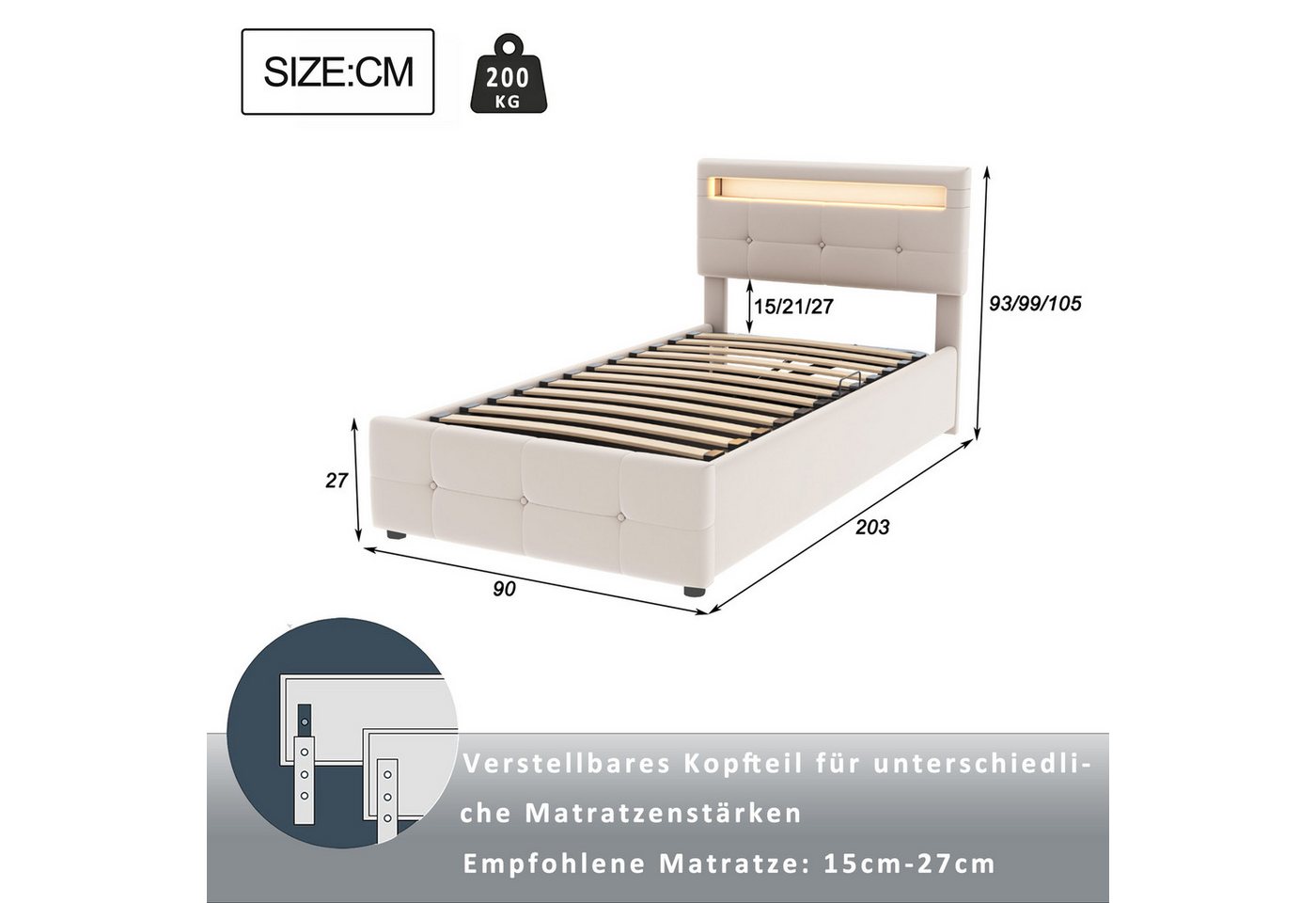 Flieks Polsterbett, LED Beleuchtung Einzelbett 90x200cm mit hydraulischem Stauraum – Bild 5 von 5