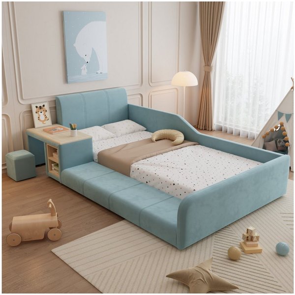Flieks Polsterbett, Kinderbett 90x200cm mit Schreibtisch und Hocker mit Rausfallschutz
