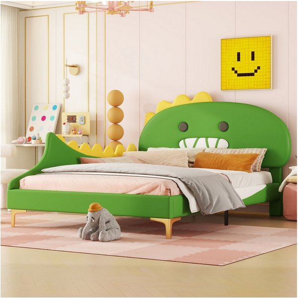 Flieks Polsterbett, Kinderbett 140x200cm mit Cartoon Dinosaurier Form Kopfteil Kunstleder