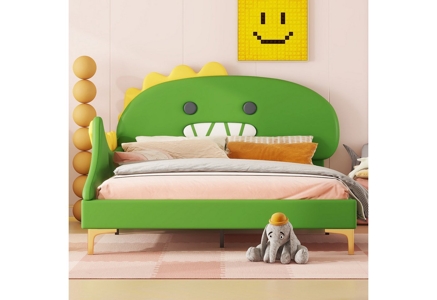 Flieks Polsterbett, Kinderbett 140x200cm mit Cartoon Dinosaurier Form Kopfteil Kunstleder – Bild 2 von 5