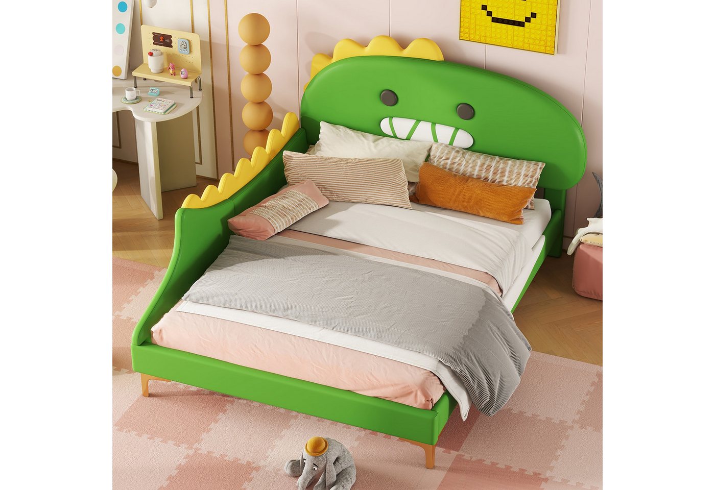 Flieks Polsterbett, Kinderbett 140x200cm mit Cartoon Dinosaurier Form Kopfteil Kunstleder – Bild 3 von 5