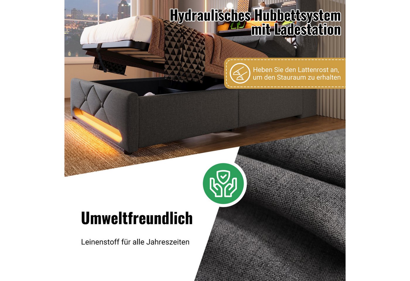Flieks Polsterbett, Hydraulisches Stauraumbett Doppelbett 160x200cm mit LED & Aufladen – Bild 4 von 5