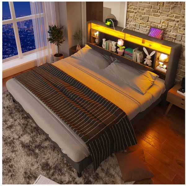 Flieks Polsterbett, LED-Beleuchtung Doppelbett mit Steckdose 140x200cm Leinen