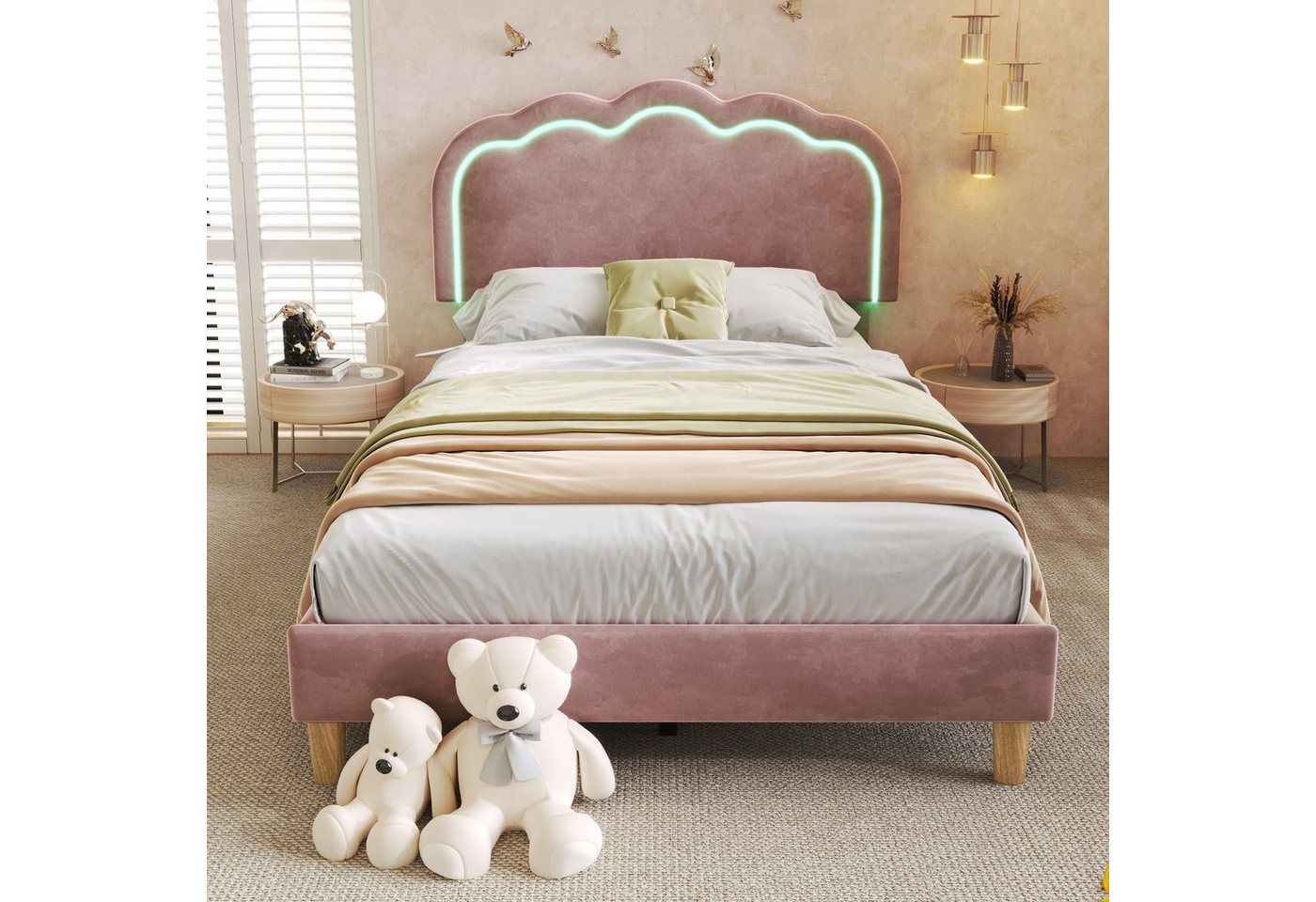 Flieks Polsterbett, LED Beleuchtung Einzelbett mit höhenverstellbarem Kopfteil 90x190cm – Bild 3 von 5