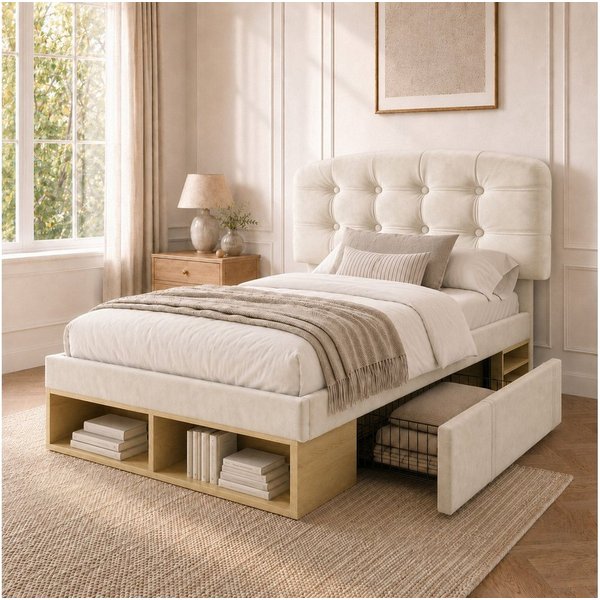 Flieks Polsterbett, Einzelbett 90x200cm mit höhenverstellbarem Kopfteil und 2 Schubladen