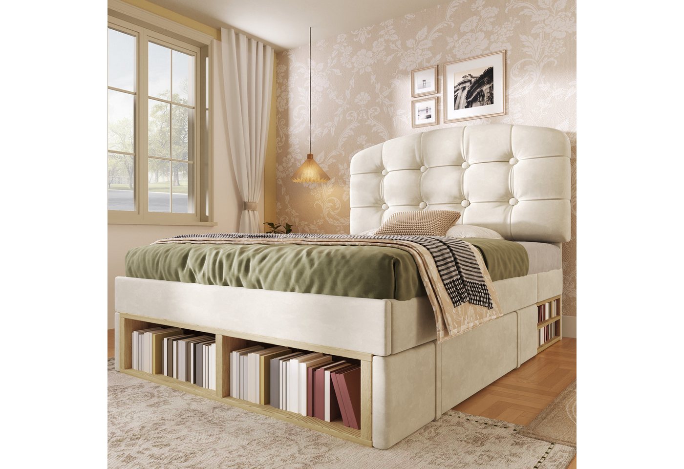 Flieks Polsterbett, Einzelbett 90x200cm mit höhenverstellbarem Kopfteil und 2 Schubladen – Bild 2 von 5