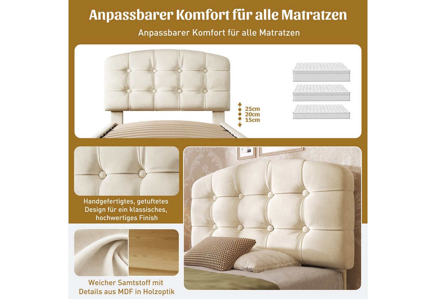 Flieks Polsterbett, Einzelbett 90x200cm mit höhenverstellbarem Kopfteil und 2 Schubladen – Bild 4 von 5