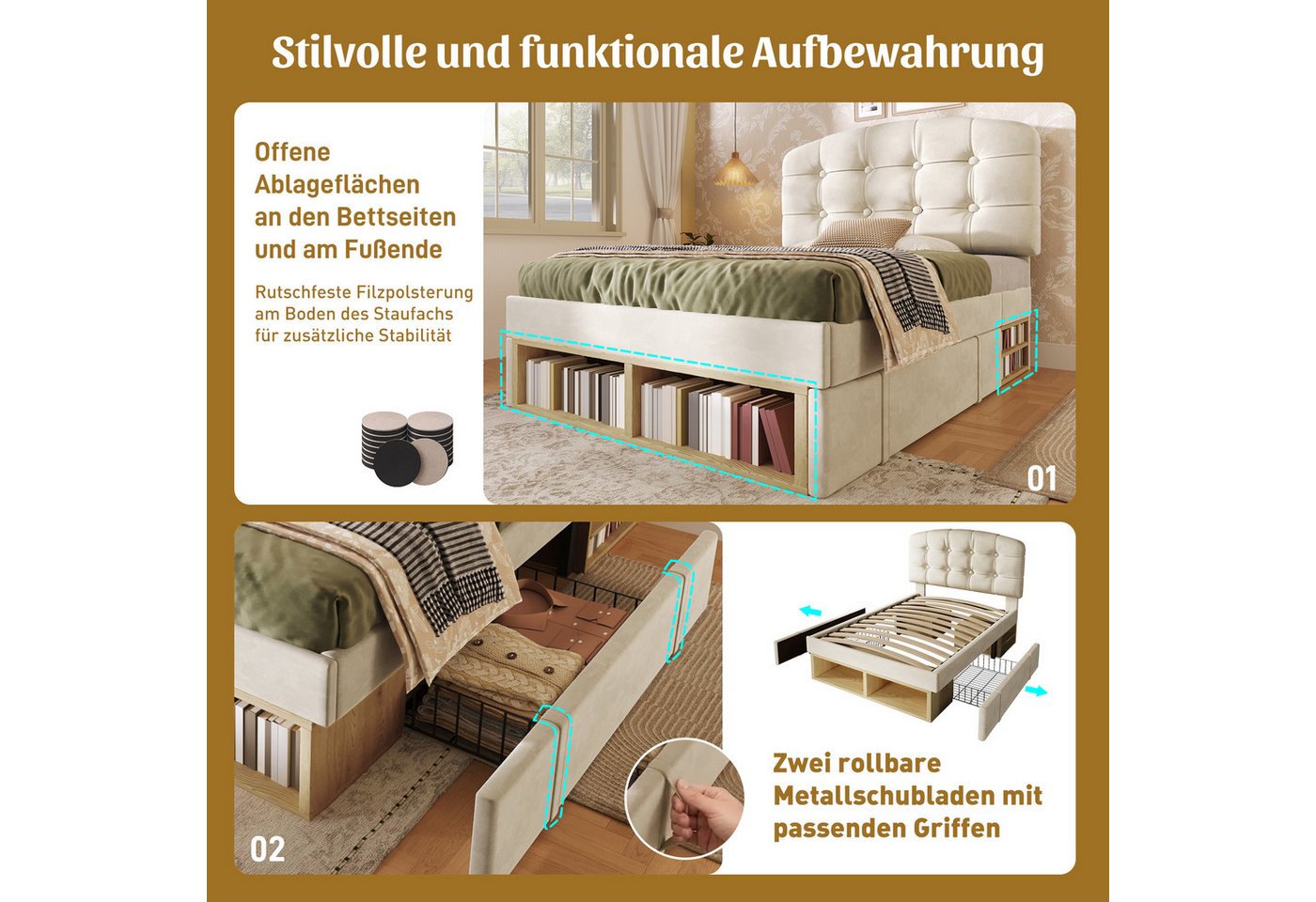 Flieks Polsterbett, Einzelbett 90x200cm mit höhenverstellbarem Kopfteil und 2 Schubladen – Bild 5 von 5