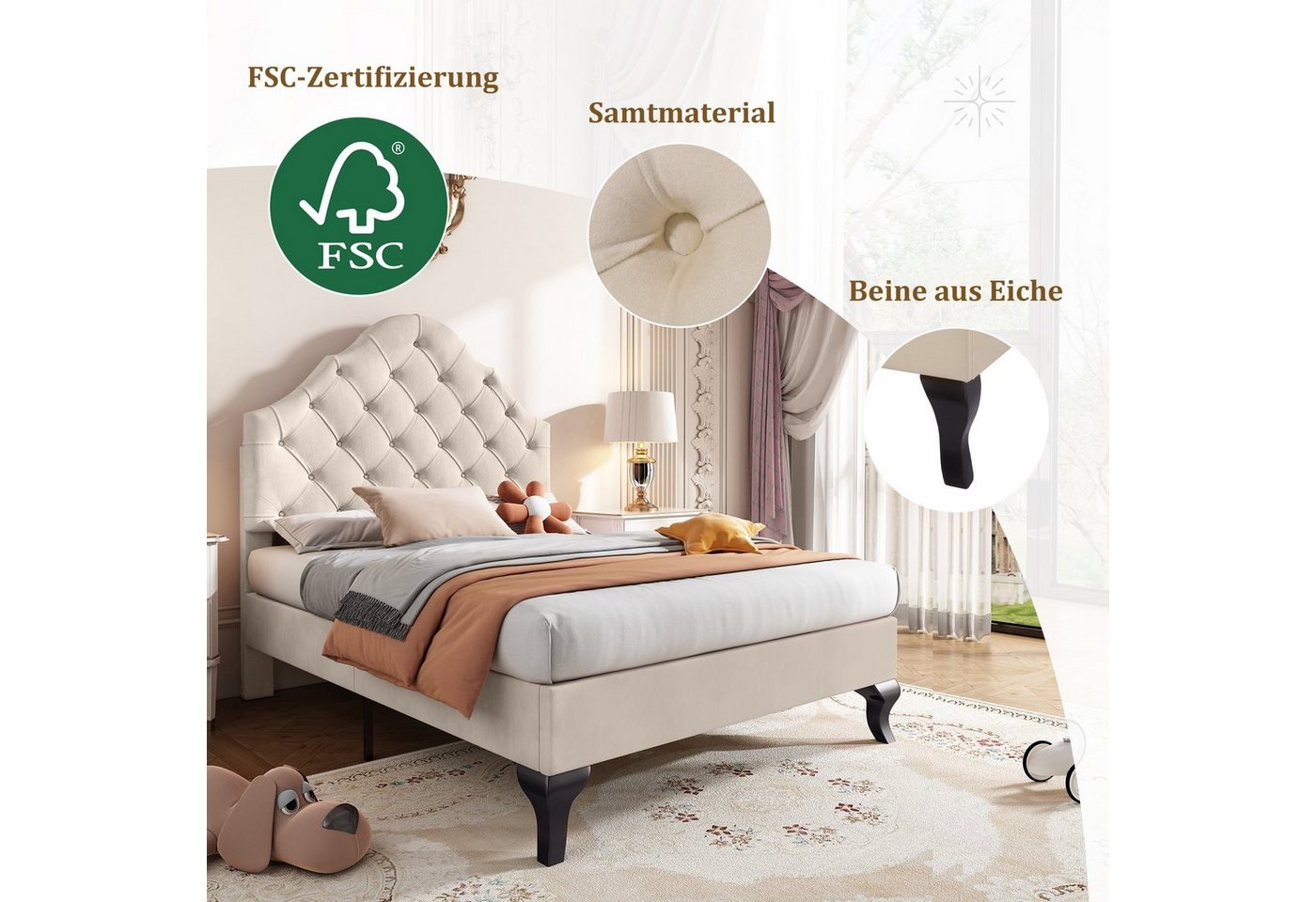 Flieks Polsterbett, Samt Einzelbett mit höhenverstellbarem Kopfteil 90x200cm – Bild 4 von 5