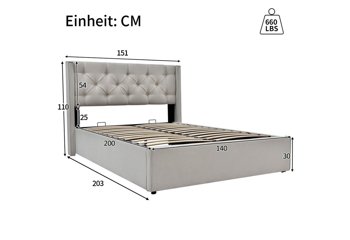 Flieks Polsterbett, Hydraulisches Doppelbett Stauraumbett Baumwolle 140x200cm – Bild 3 von 5