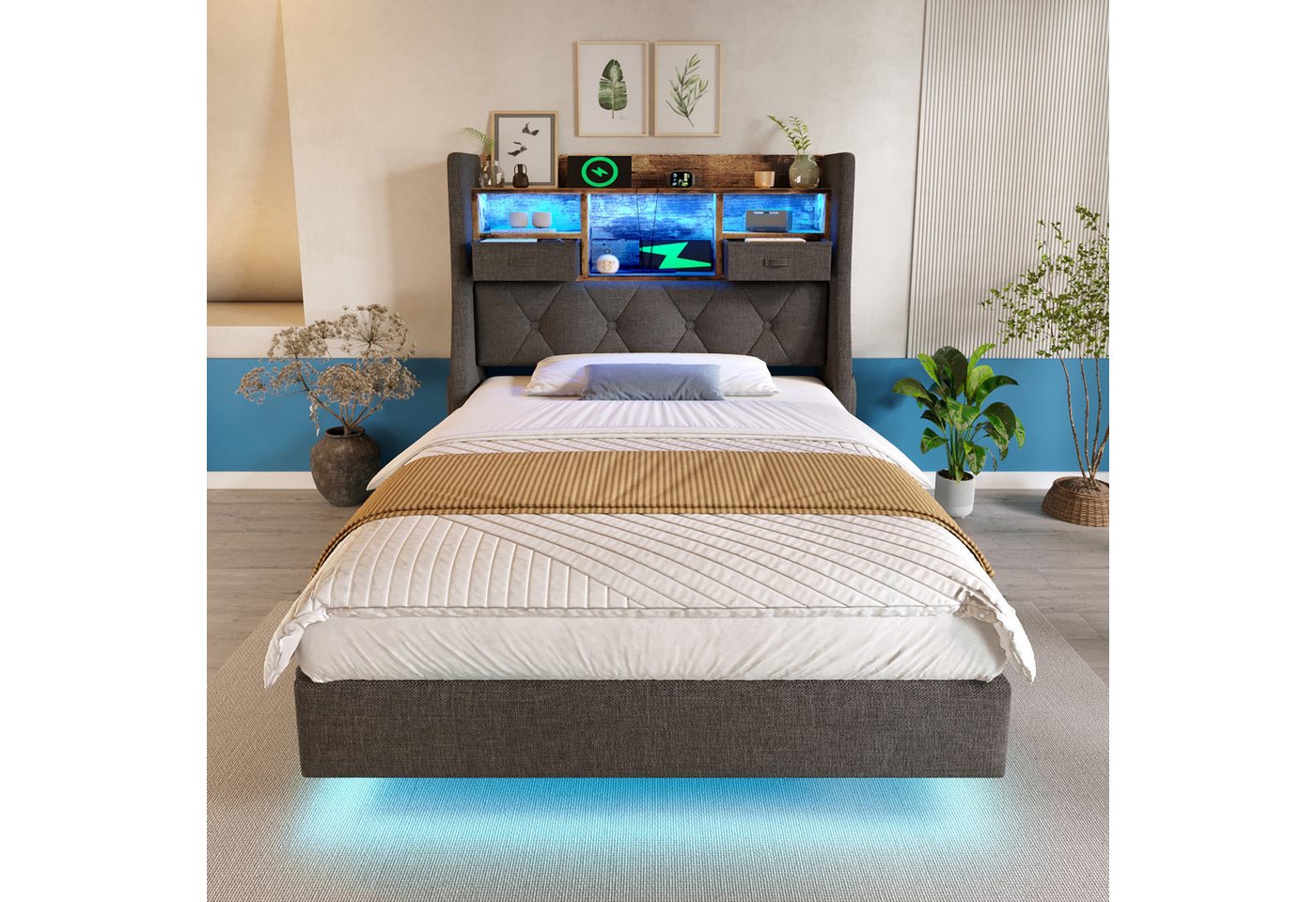 Flieks Polsterbett, Schwebebett 90x200cm mit LED-Beleuchtung, Aufladen, Stauraum-Kopfteil – Bild 2 von 5