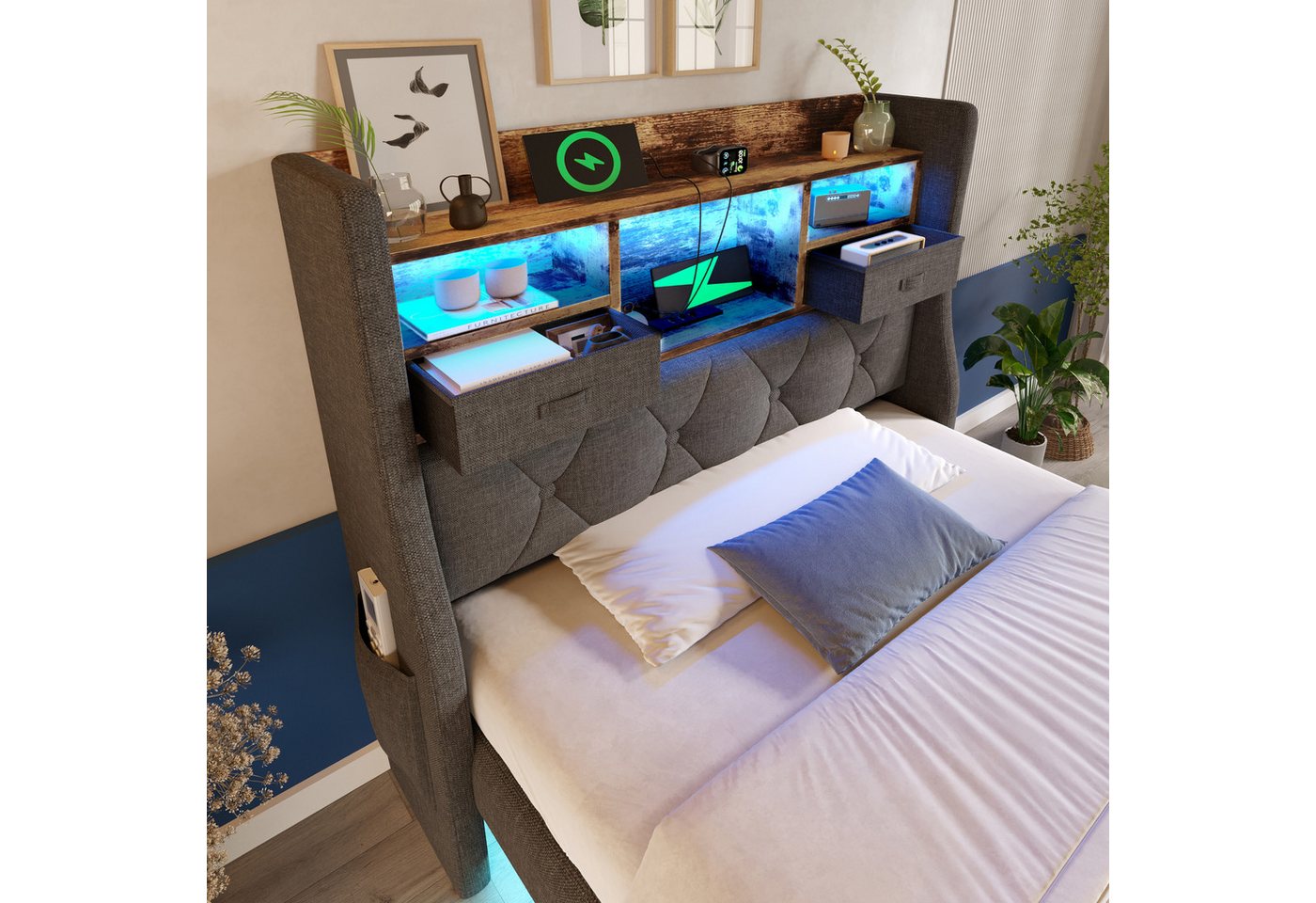 Flieks Polsterbett, Schwebebett 90x200cm mit LED-Beleuchtung, Aufladen, Stauraum-Kopfteil – Bild 3 von 5