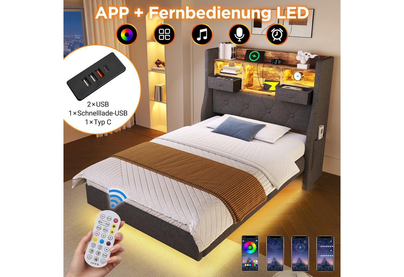 Flieks Polsterbett, Schwebebett 90x200cm mit LED-Beleuchtung, Aufladen, Stauraum-Kopfteil – Bild 4 von 5