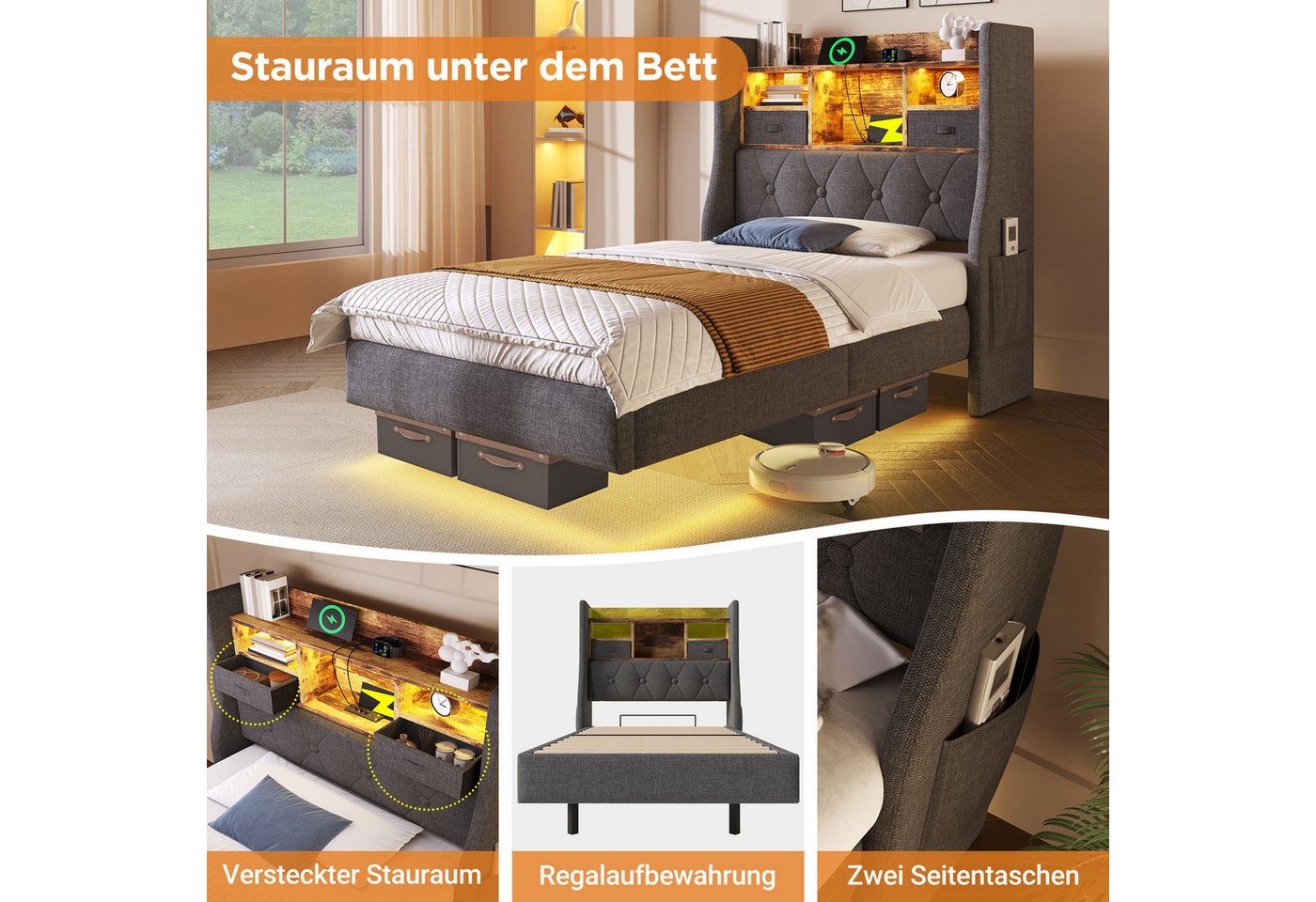 Flieks Polsterbett, Schwebebett 90x200cm mit LED-Beleuchtung, Aufladen, Stauraum-Kopfteil – Bild 5 von 5