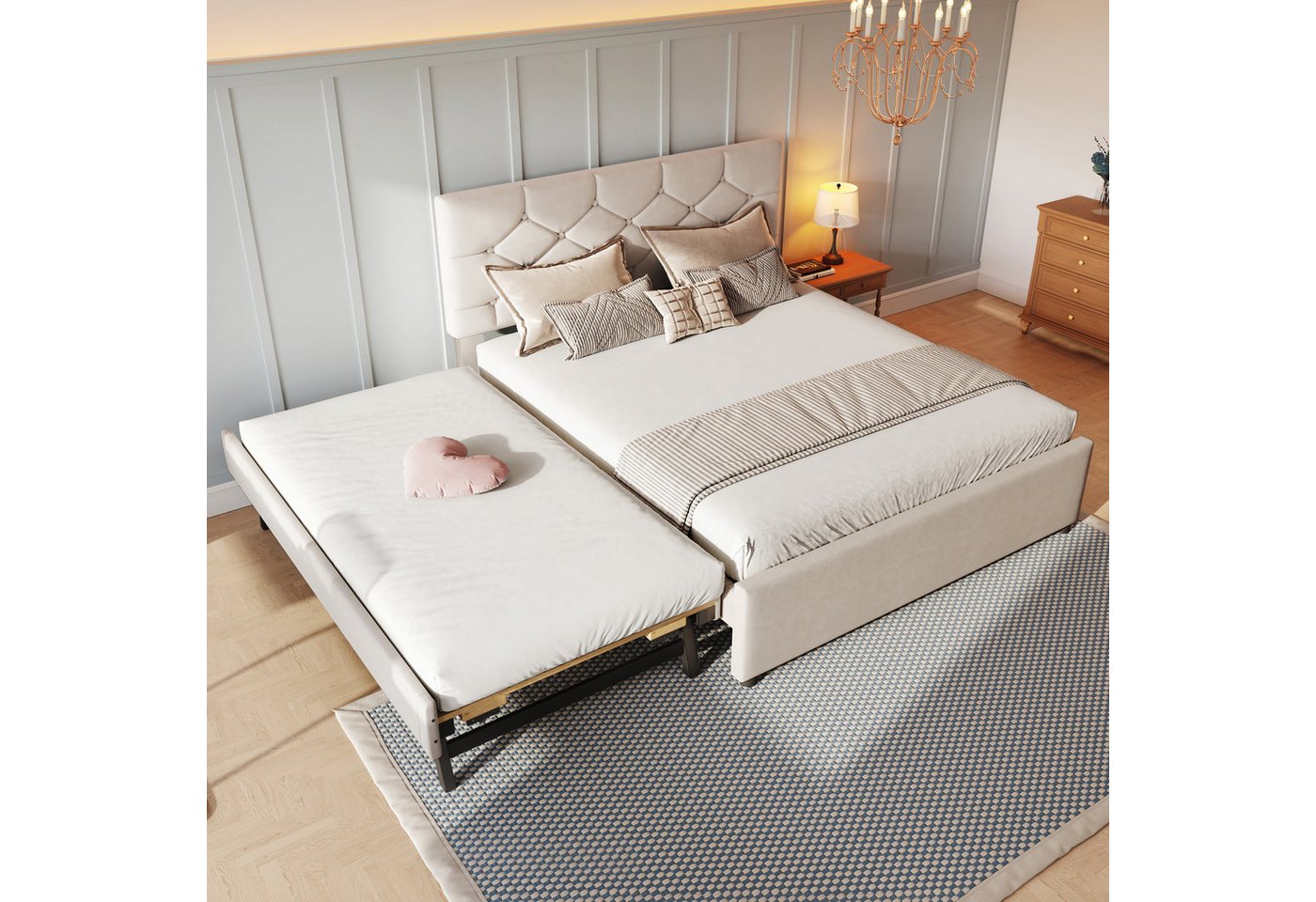 Flieks Polsterbett, Kinderbett 140x200cm mit Ausziehbett 90x190cm und Lattenrost – Bild 2 von 5