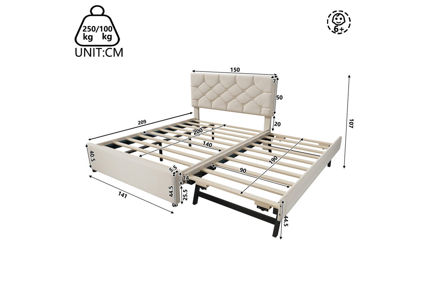 Flieks Polsterbett, Kinderbett 140x200cm mit Ausziehbett 90x190cm und Lattenrost – Bild 4 von 5