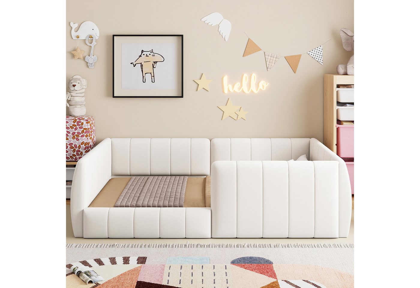 Flieks Polsterbett, Daybett Kinderbett Bodenbett 90x200cm mit Sicherheitsgeländer – Bild 3 von 5