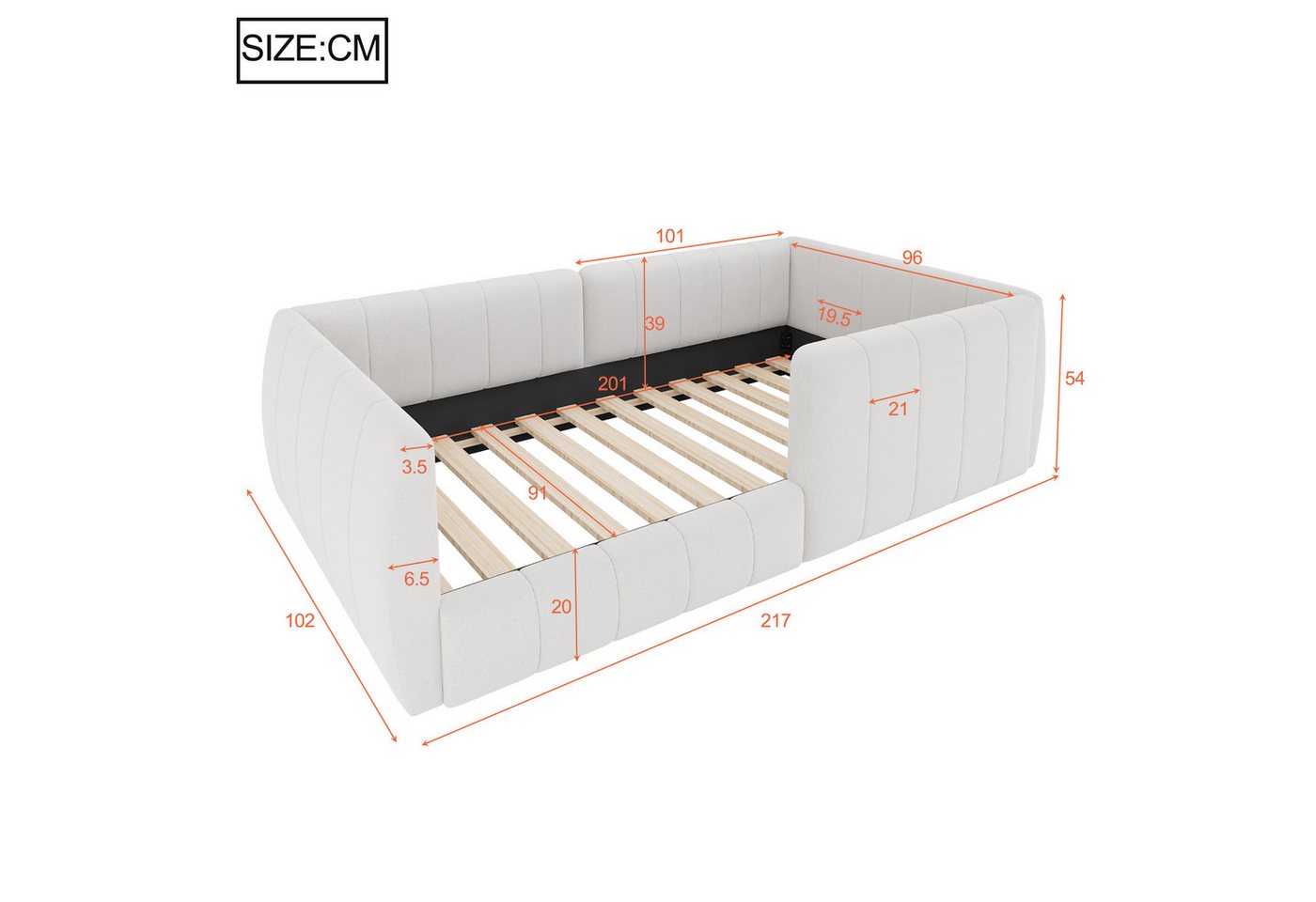 Flieks Polsterbett, Daybett Kinderbett Bodenbett 90x200cm mit Sicherheitsgeländer – Bild 4 von 5