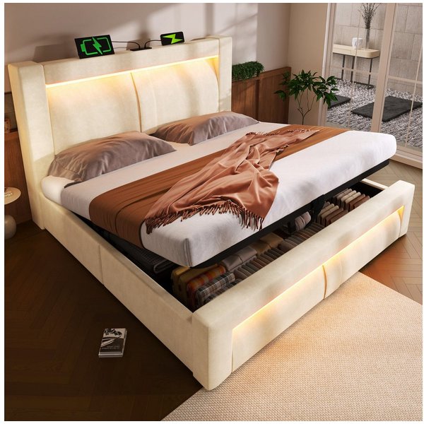 Flieks Polsterbett, Hydraulisches Stauraumbett 140x200cm mit LED-Beleuchtung & USB/Type-C