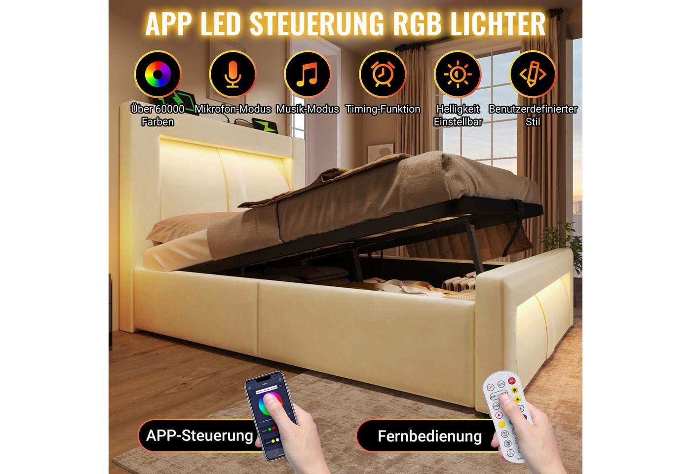 Flieks Polsterbett, Hydraulisches Stauraumbett 140x200cm mit LED-Beleuchtung & USB/Type-C – Bild 5 von 5