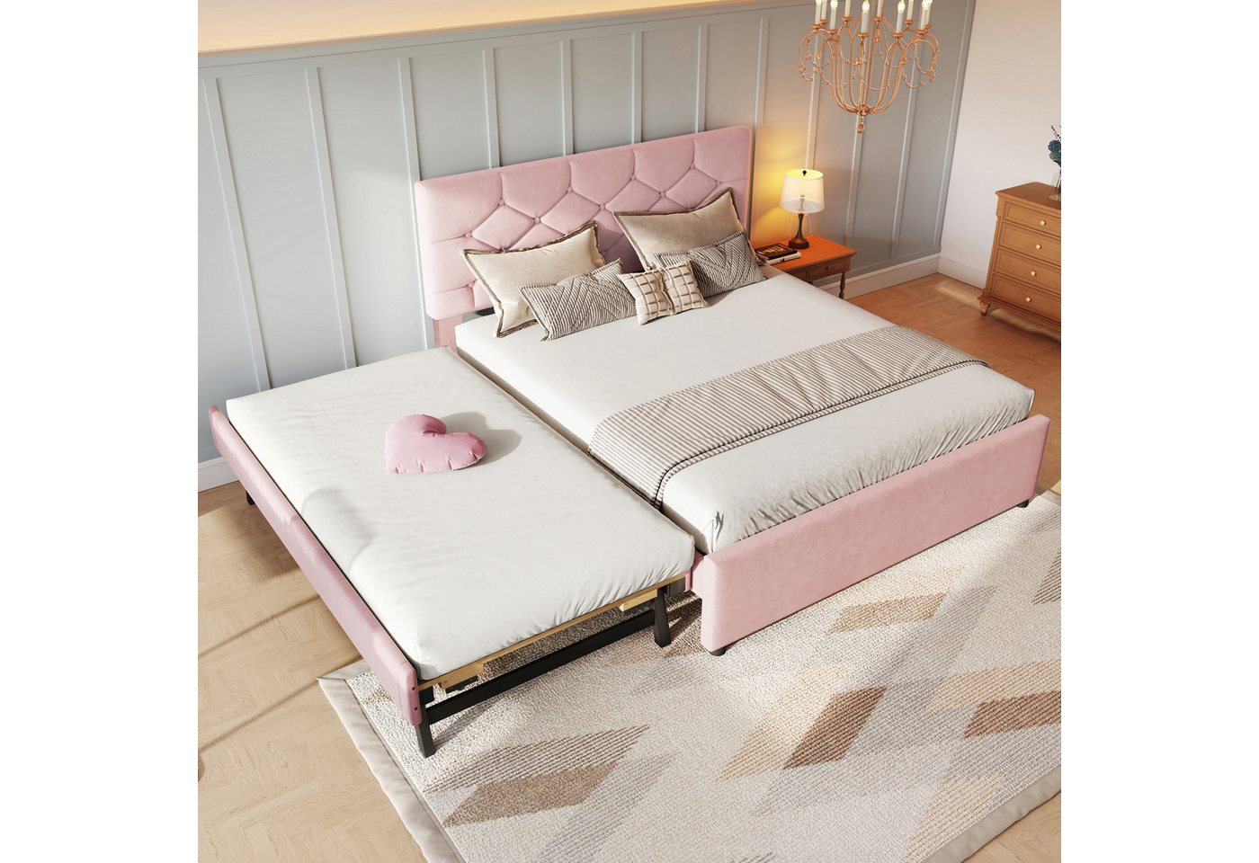 Flieks Polsterbett, Kinderbett 140x200cm mit Ausziehbett 90x190cm und Lattenrost – Bild 2 von 5