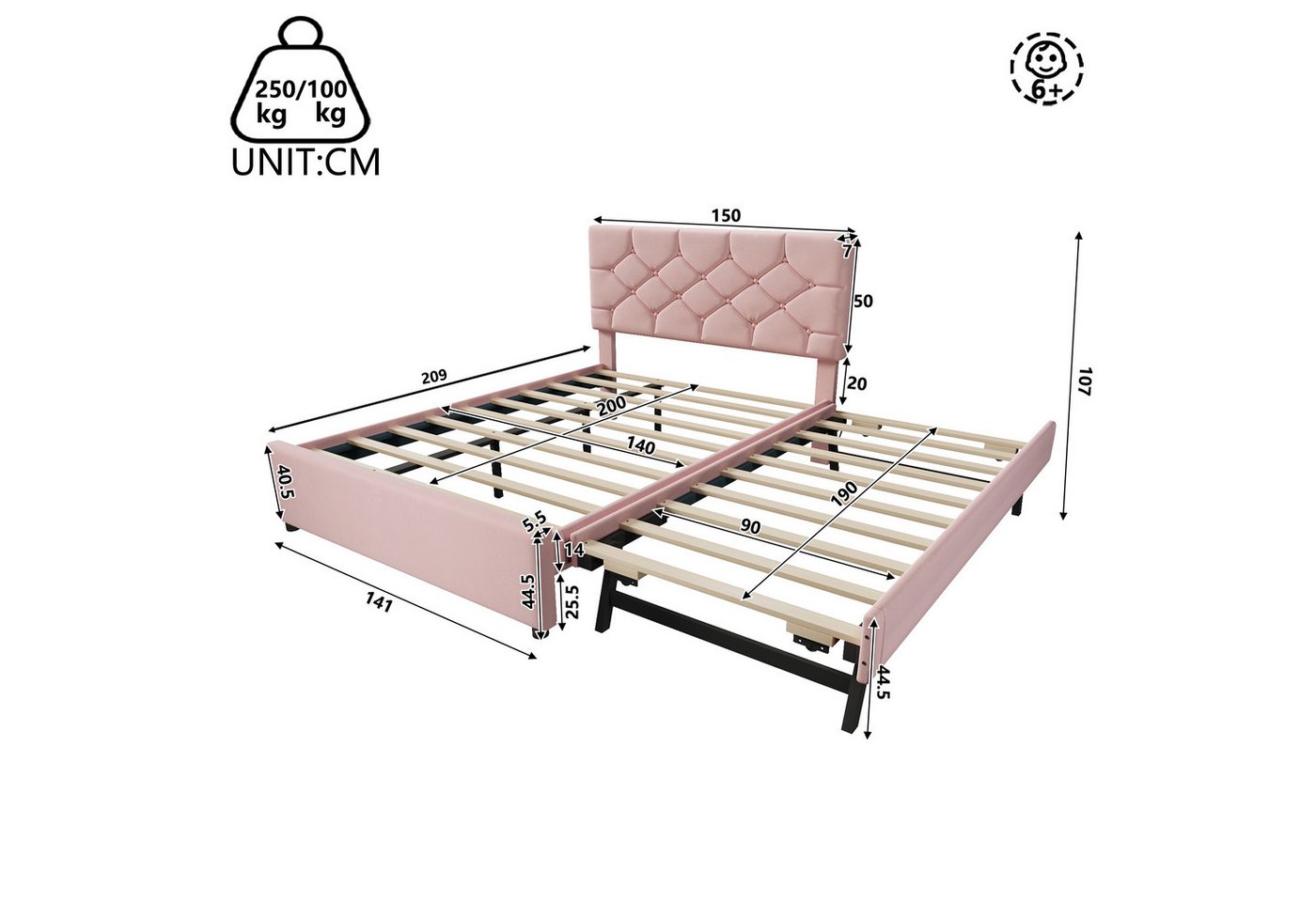 Flieks Polsterbett, Kinderbett 140x200cm mit Ausziehbett 90x190cm und Lattenrost – Bild 4 von 5