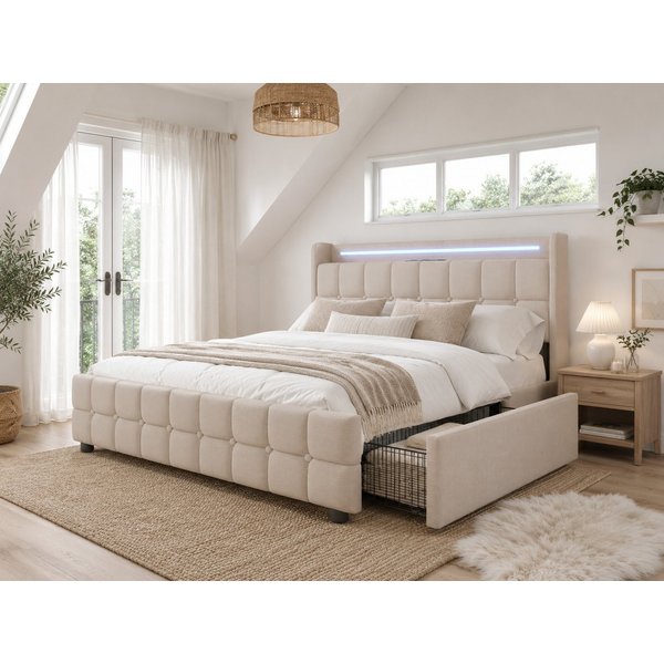 Flieks Polsterbett, LED-Beleuchtung Doppelbett 140x200cm mit Ladefunktion und 4 Schubladen