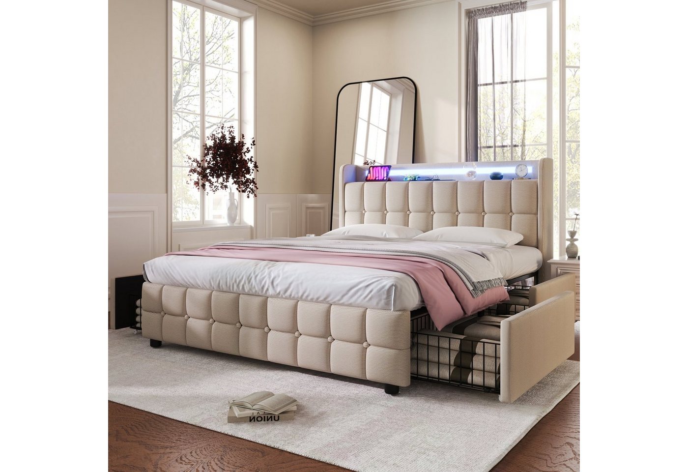 Flieks Polsterbett, LED-Beleuchtung Doppelbett 140x200cm mit Ladefunktion und 4 Schubladen – Bild 2 von 5