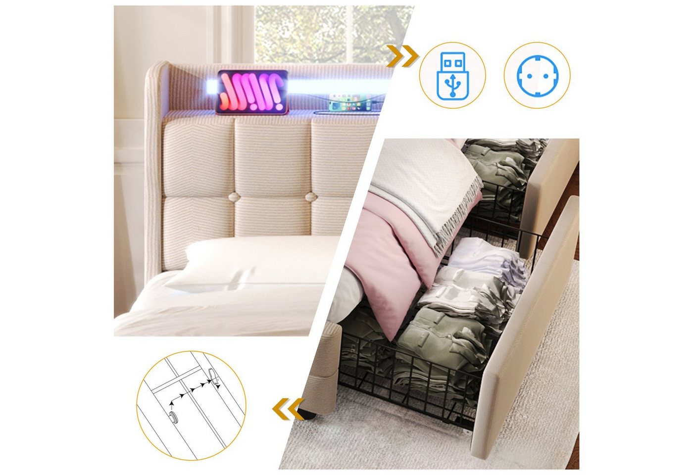 Flieks Polsterbett, LED-Beleuchtung Doppelbett 140x200cm mit Ladefunktion und 4 Schubladen – Bild 5 von 5