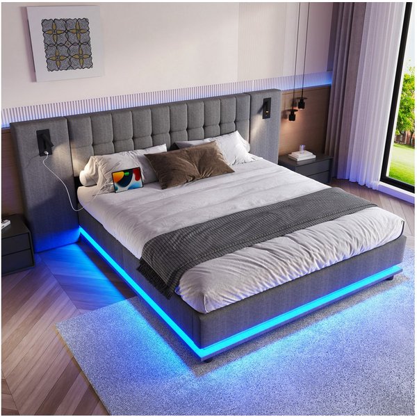 Flieks Polsterbett, Doppelbett 180x200cm mit breitem Kopfteil, LED-Leiste, Leselampe, USB