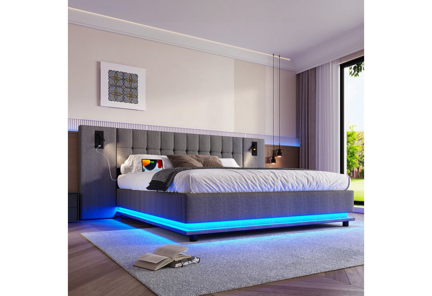 Flieks Polsterbett, Doppelbett 180x200cm mit breitem Kopfteil, LED-Leiste, Leselampe, USB – Bild 2 von 5