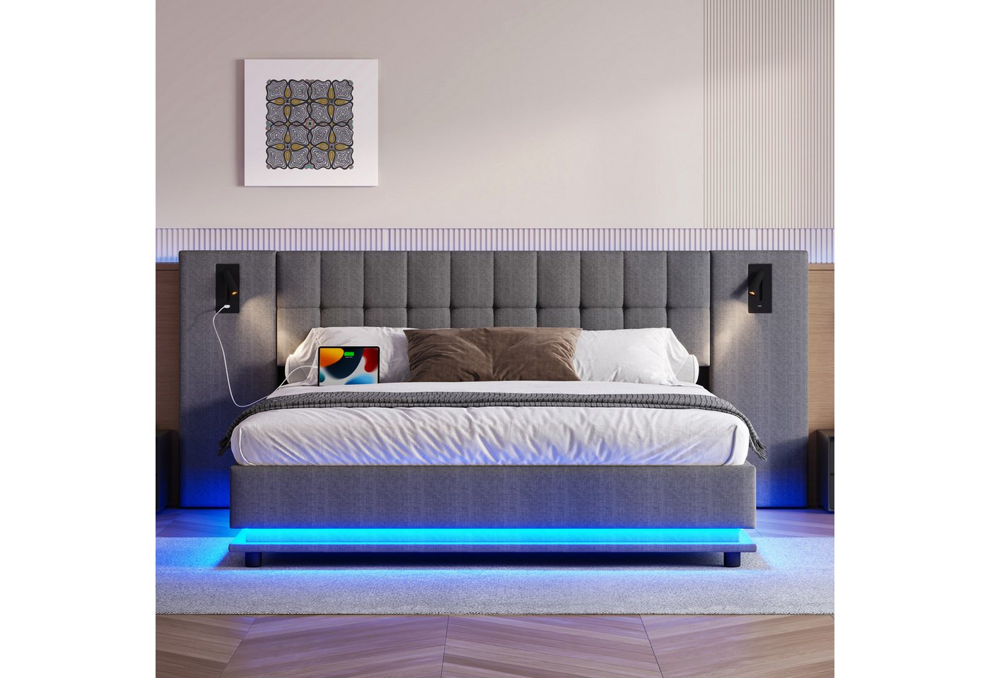 Flieks Polsterbett, Doppelbett 180x200cm mit breitem Kopfteil, LED-Leiste, Leselampe, USB – Bild 3 von 5