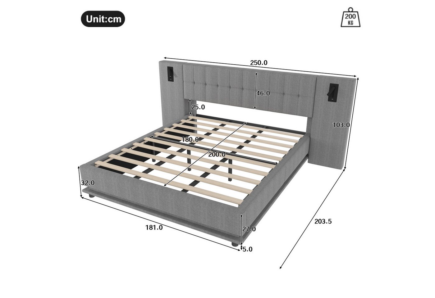 Flieks Polsterbett, Doppelbett 180x200cm mit breitem Kopfteil, LED-Leiste, Leselampe, USB – Bild 5 von 5