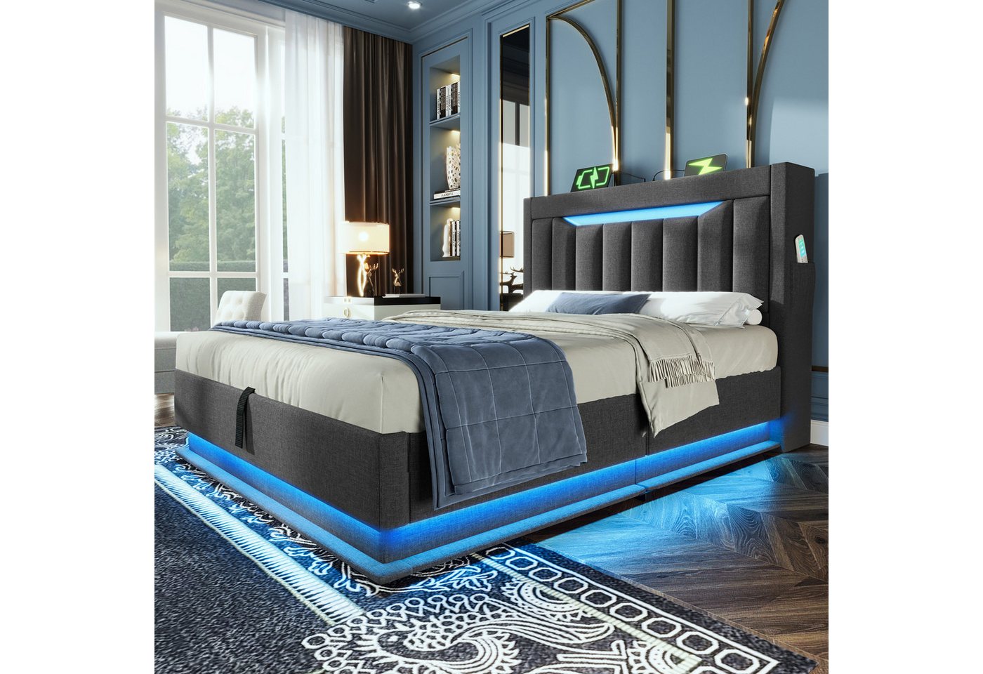 Flieks Polsterbett, hydraulisches Stauraumbett 90x200cm mit LED und Ladefunktion – Bild 2 von 5