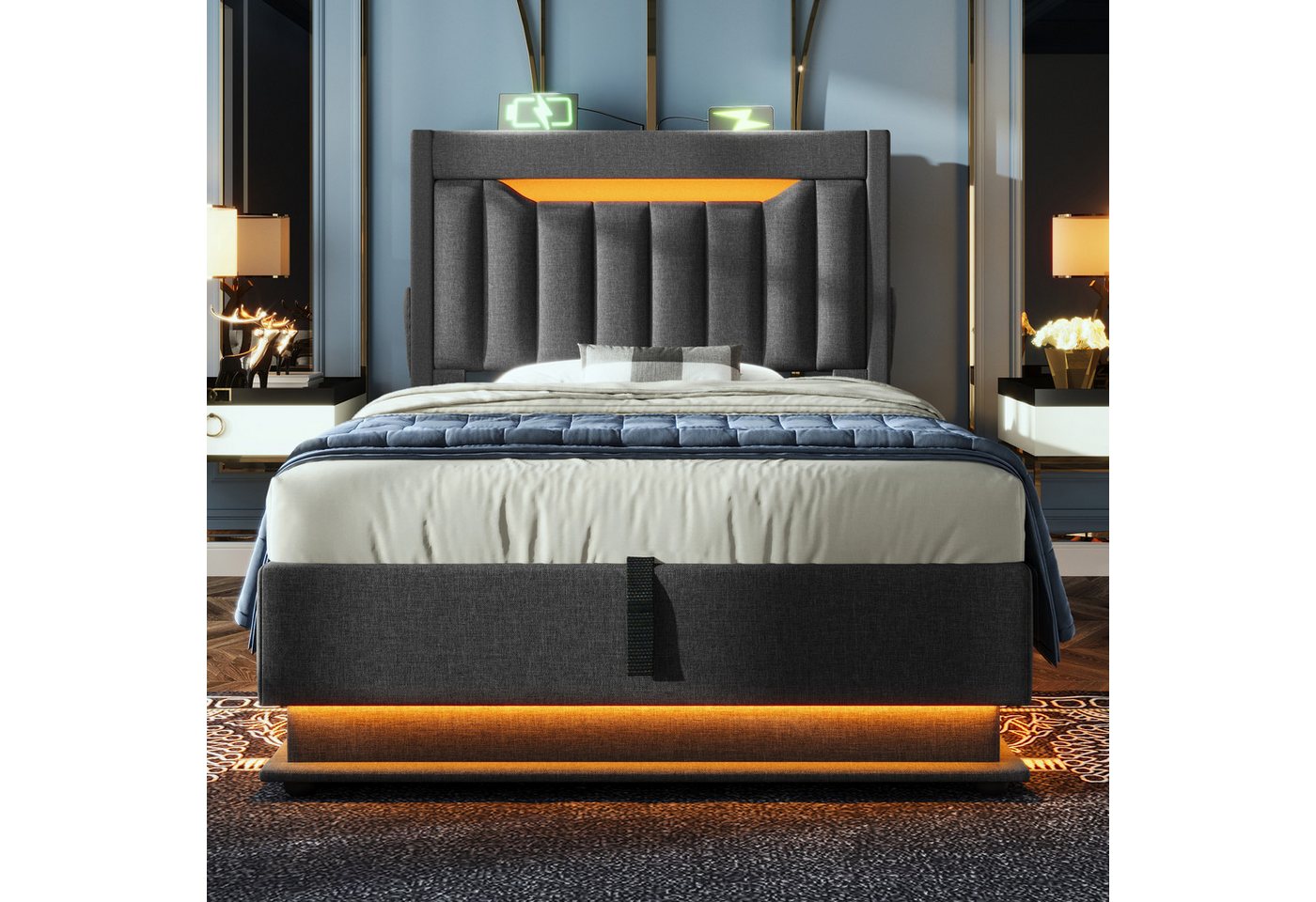 Flieks Polsterbett, hydraulisches Stauraumbett 90x200cm mit LED und Ladefunktion – Bild 3 von 5