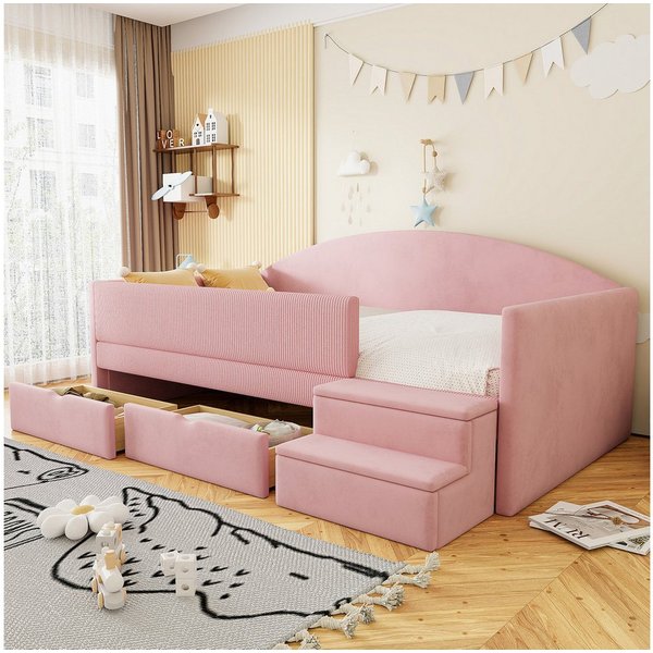 Flieks Polsterbett, Kinderbett Einzelbett 90x190cm mit 2 Schubladen Treppe Rausfallschutz