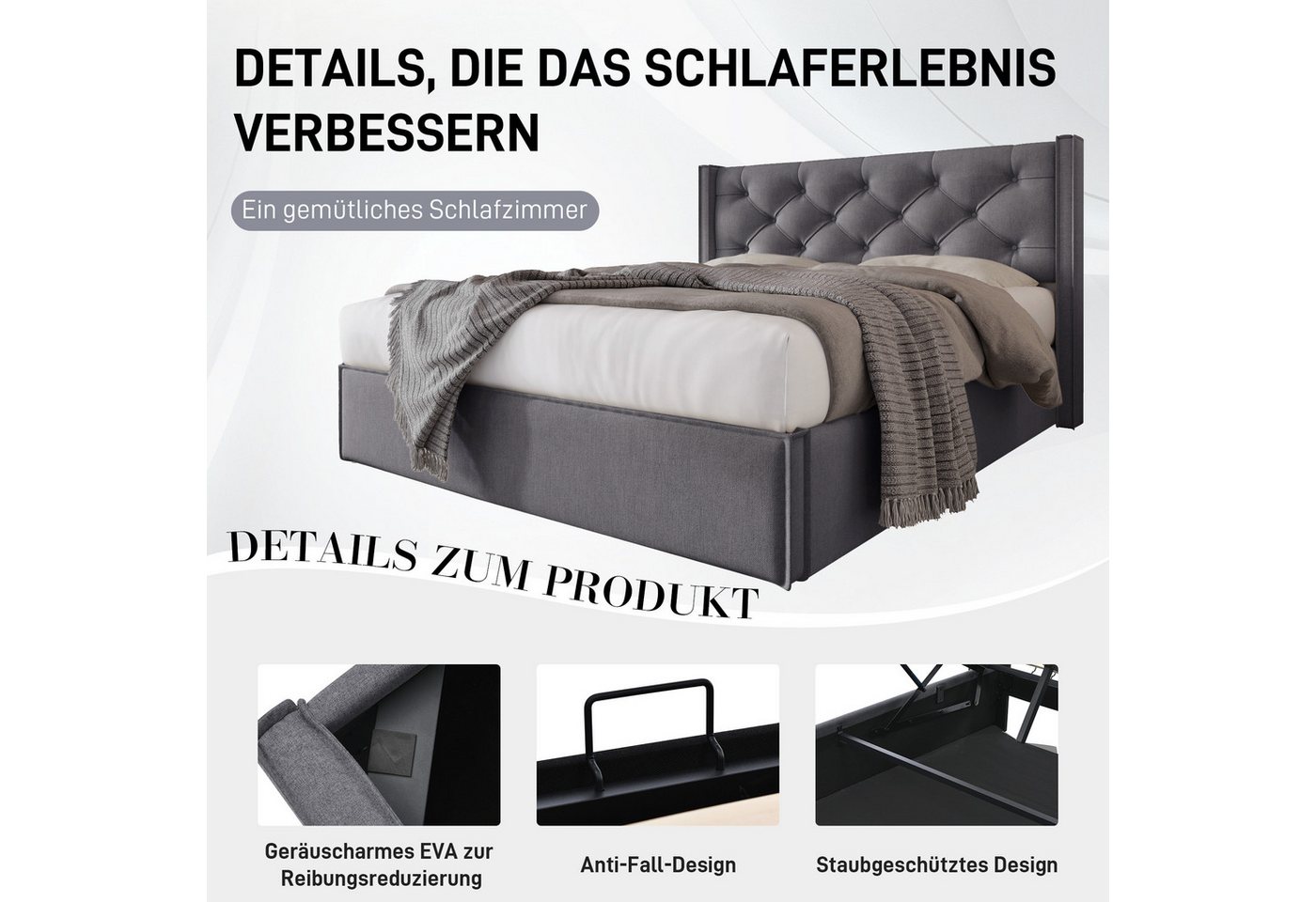 Flieks Polsterbett, Hydraulisches Doppelbett Stauraumbett Baumwolle 140x200cm – Bild 5 von 5