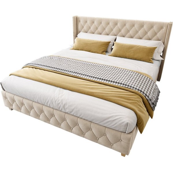 Flieks Polsterbett, Massivholz Doppelbett 160x200cm mit Lattenrost und Polster-Kopfteil