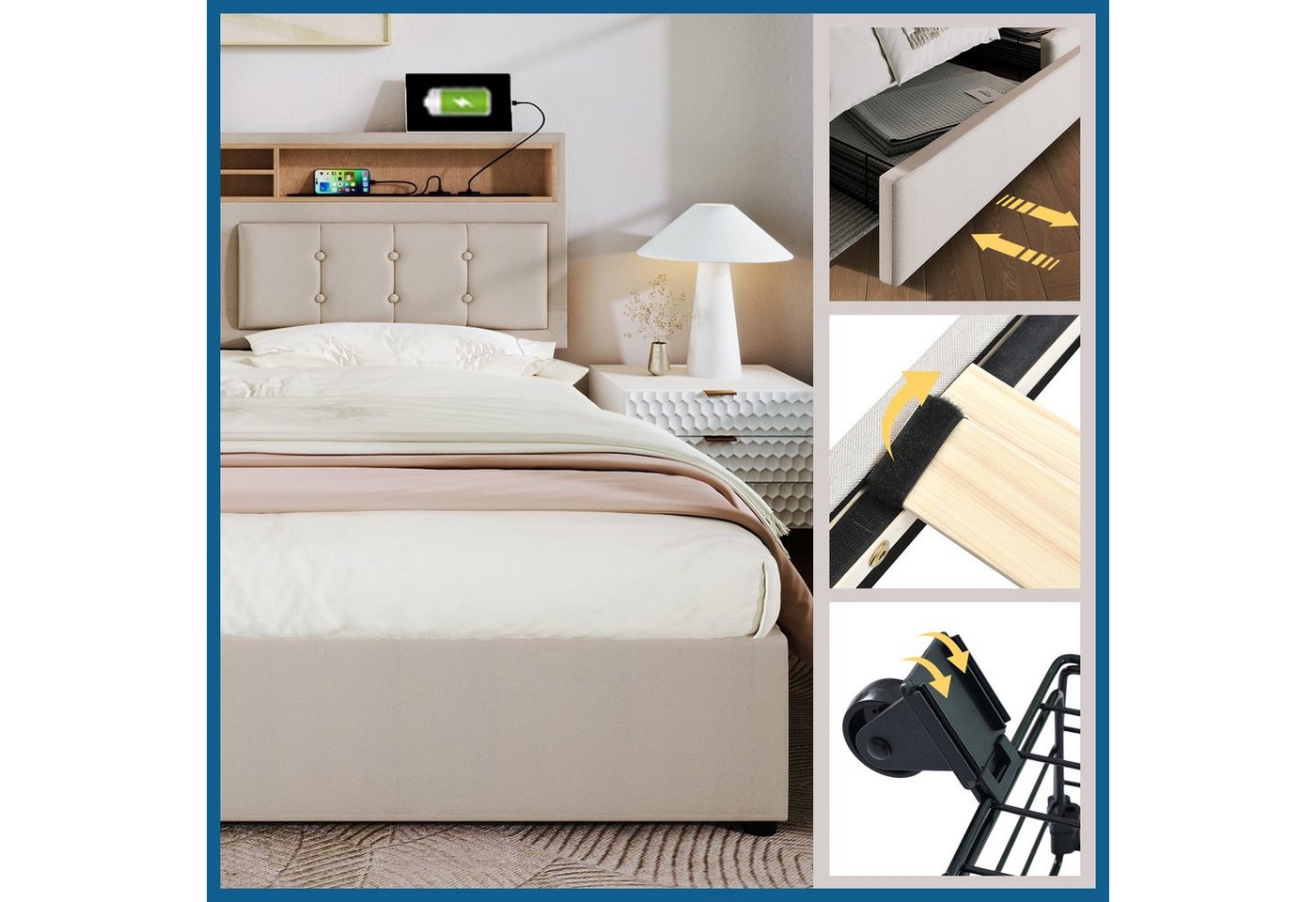 Flieks Polsterbett, Doppelbett mit USB/Typ-C Ladefunktion + 4 Schubladen 140x200cm Leinen – Bild 3 von 5
