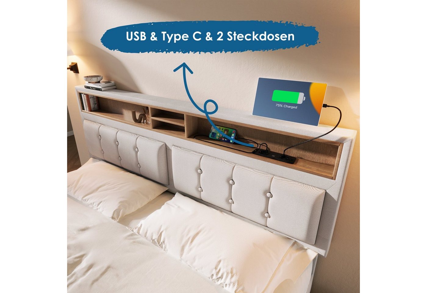 Flieks Polsterbett, Doppelbett mit USB/Typ-C Ladefunktion + 4 Schubladen 140x200cm Leinen – Bild 4 von 5