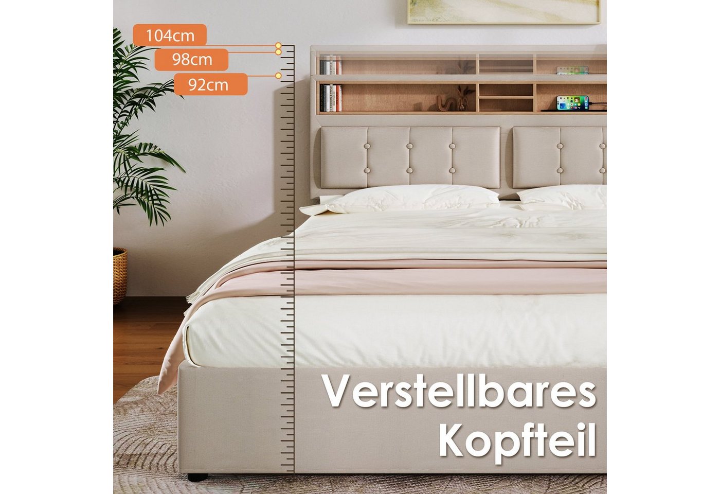 Flieks Polsterbett, Doppelbett mit USB/Typ-C Ladefunktion + 4 Schubladen 140x200cm Leinen – Bild 5 von 5